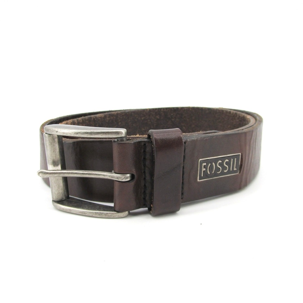 Fossil Mens Brown Genuine Leather Belt Size 38 Silver Buckle Distressed